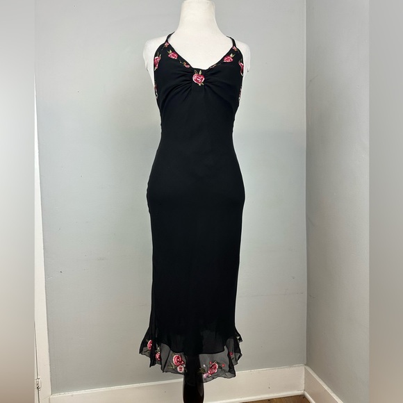 Vintage Betsey Johnson 100% Silk Rose Embroidered Halter Slip Dress Sz 4 - Picture 3 of 13